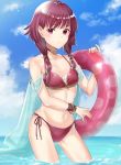  1girl adapted_costume bikini blush breasts cleavage cloud cloudy_sky collarbone fire_emblem fire_emblem:_the_sacred_stones groin haru_(nakajou-28) highres holding innertube looking_at_viewer low_twintails lute_(fire_emblem) navel ocean partially_submerged purple_bikini purple_eyes purple_hair purple_swimsuit sarong see-through short_hair side-tie_bikini sky solo swimsuit twintails water wristband 