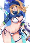  1girl absurdres ahoge artoria_pendragon_(all) bangs baseball_cap bikini blonde_hair blue_headwear blue_jacket blue_sky blush breasts cleavage cloud cloudy_sky cropped_jacket day eyebrows_visible_through_hair fate/grand_order fate_(series) hat highres holding holding_weapon jacket large_breasts long_hair long_sleeves looking_at_viewer mysterious_heroine_xx_(foreigner) navel open_mouth outdoors ponytail rokita shiny shiny_hair shiny_skin shrug_(clothing) side-tie_bikini sky smile solo stomach sunlight swimsuit thigh_strap thighs twinmyniad weapon wristband zipper zipper_pull_tab 