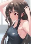  1girl bangs bare_shoulders black_swimsuit blush breasts brown_hair closed_mouth consort_yu_(fate) ear_piercing earrings fate/grand_order fate_(series) hair_between_eyes highres jewelry jonsun long_hair medium_breasts multiple_earrings one-piece_swimsuit piercing solo swimsuit very_long_hair wet 