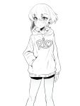  1boy androgynous blush earrings hand_in_pocket hood hoodie jewelry lio_fotia male_focus monochrome nanamatsu_kenji promare short_hair shorts 