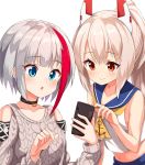  2girls :o admiral_graf_spee_(azur_lane) ame. aran_sweater ayanami_(azur_lane) azur_lane bangs black_choker blue_eyes blue_sailor_collar blue_skirt blush brown_eyes brown_hair carrying cellphone choker closed_mouth collarbone commentary_request crop_top eyebrows_visible_through_hair grey_hair grey_sweater hair_between_eyes hands_up headgear high_ponytail highres holding holding_cellphone holding_phone long_hair long_sleeves midriff multicolored_hair multiple_girls navel parted_lips phone ponytail red_hair sailor_collar school_uniform serafuku shirt short_hair shoulder_carry simple_background skirt sleeveless sleeveless_shirt smile streaked_hair sweater upper_body white_background white_shirt 