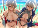  2girls ahoge artoria_pendragon_(all) artoria_pendragon_(lancer) artoria_pendragon_(lancer_alter) bangs bikini blonde_hair blue_bikini blush braid breasts cleavage closed_mouth collarbone crown_braid cup day eyebrows_visible_through_hair fate/grand_order fate_(series) french_braid green_eyes groin hair_between_eyes hair_ornament head_tilt highleg highleg_swimsuit holding holding_cup horns large_breasts long_hair looking_at_viewer multiple_girls navel open_mouth outdoors ribbed_swimsuit satou_daiji sidelocks stomach swimsuit undressing yellow_eyes 