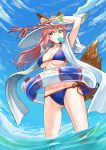  1girl absurdres animal_ear_fluff animal_ears bikini blue_bikini blue_sky breasts cleavage cloud collarbone commentary commentary_request day ears_through_headwear eyes_visible_through_hair fate/grand_order fate_(series) food food_in_mouth fox_ears fox_girl fox_tail fy123 groin hat hat_ribbon highres horizon ice innertube large_breasts long_hair looking_at_viewer looking_down ocean outdoors partially_submerged pink_hair ribbon side-tie_bikini sky solo sun_hat swimsuit tail tamamo_(fate)_(all) tamamo_no_mae_(swimsuit_lancer)_(fate) water yellow_eyes 