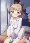  1girl amemiya_ruki barefoot bed between_legs black_bow blush bow closed_mouth collared_shirt commentary_request curtains dress_shirt green_eyes hair_bow hand_between_legs high_ponytail highres indoors light_brown_hair long_hair long_sleeves looking_at_viewer original pillow ponytail revision shirt sidelocks sitting sleeves_past_wrists solo wariza white_shirt window wooden_floor 