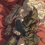  1boy 1girl armor bed_sheet black_eyes black_gloves black_hairband closed_mouth corrin_(fire_emblem)_(female) fire_emblem fire_emblem_fates from_above gloves hair_between_eyes hairband harusame_(rueken) limited_palette long_hair lying on_back pointy_ears silver_hair upper_body very_long_hair 