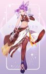  1girl animal_ears bare_arms bare_shoulders breasts commission final_fantasy final_fantasy_xiv full_body gauntlets looking_at_viewer navel original pink_hair red_legwear red_sleeves rirene_rn single_sleeve skirt small_breasts smile solo thighhighs viera yellow_eyes 