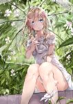  1girl artist_name bangs bare_legs bare_shoulders blonde_hair blue_eyes blurry convenient_leg dated depth_of_field dress feet_out_of_frame flower glint hmw_(pixiv7054584) holding holding_umbrella leaf long_hair looking_at_viewer nail_polish nature original parted_lips pink_nails plant rain revision sitting solo thighs transparent transparent_umbrella umbrella water water_drop white_dress white_flower 