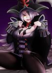  1girl black_legwear breasts cleavage dahut_(fate/grand_order) drooling eyepatch fate/grand_order fate_(series) francis_drake_(fate) hat hip_focus large_breasts lavender_hair long_hair looking_at_viewer makeup misoca_30 pantyhose saliva smile solo thighhighs thighs yellow_eyes 
