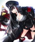  2girls admiral_graf_spee_(azur_lane) azur_lane bangs belt black_dress black_hair black_jacket black_legwear blue_eyes breasts claws cleavage commentary_request deutschland_(azur_lane) dress eyebrows_visible_through_hair goggles goggles_on_headwear hat iron_cross jacket lefthand long_hair long_sleeves looking_at_viewer manjuu_(azur_lane) multicolored_hair multiple_girls red_hair scarf short_hair silver_hair smile streaked_hair very_long_hair 