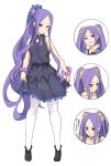  1girl :t bangs bare_arms bare_shoulders black_footwear blush bow breasts dress eyebrows_visible_through_hair fate/grand_order fate_(series) full_body hair_ornament long_hair looking_at_viewer pantyhose parted_bangs ponytail purple_dress purple_eyes purple_hair shiseki_hirame small_breasts smile translation_request twintails very_long_hair white_legwear wu_zetian_(fate/grand_order) 