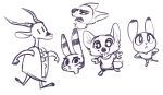  2019 ambiguous_gender antelope anthro barefoot bovid canid canine cheek_tuft clothed clothing dipstick_ears disney ear_markings facial_markings fan_character food fox fuel_(artist) fuel_(character) fur fur_markings gazelle greyscale group hands_on_hips head_markings horn jack_savage judy_hopps lagomorph leporid looking_at_viewer mammal markings monochrome multicolored_ears neck_tuft nick_wilde open_mouth rabbit simple_background sketch_page skye_(zootopia) standing taco tongue tongue_out tuft white_background zootopia 