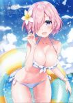  1girl :d absurdres ass_visible_through_thighs bikini blue_sky bracelet bright_pupils commentary_request cowboy_shot day eyebrows_visible_through_hair fate/grand_order fate_(series) flower front-tie_bikini front-tie_top hair_flower hair_ornament hair_over_one_eye highres innertube jewelry looking_at_viewer lowleg lowleg_bikini mash_kyrielight masuishi_kinoto navel open_mouth outdoors pink_hair polka_dot polka_dot_innertube purple_eyes scan short_hair side-tie_bikini sky smile solo sunlight swimsuit translation_request wet white_bikini 