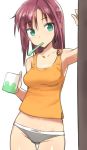  1girl after_bath ahoge alice_gear_aegis animal_print aqua_eyes arm_up armpits bangs breasts commentary cowboy_shot cup doorway ears_visible_through_hair eyebrows_visible_through_hair frog_print grey_panties hair_down holding holding_cup kaeruzaka_raiya long_hair looking_to_the_side medium_breasts midriff mug orange_tank_top panties red_hair shimada_fumikane solo straight_hair tank_top toothbrush toothbrush_in_mouth underwear wet wet_hair white_background 