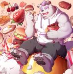  2019 absurd_res anthro behemoth_(housamo) big_muscles bottomwear candy canid canine cherry clothed clothing food fruit fur hair hi_res male mammal muscular muscular_male one_eye_closed open_mouth park_(artist) park_kr plant purple_hair signature solo strawberry tokyo_afterschool_summoners topwear video_games 