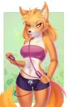  absurd_res alpha_and_omega anthro anthrofied art-abaddon blonde_hair bottomwear bra canid canine canis clothing female fur hair hi_res jump_rope kate_(alpha_and_omega) lingerie mammal navel shorts smile solo tongue tongue_out underwear wolf 
