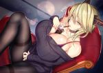 1girl artoria_pendragon_(all) artoria_pendragon_(lancer_alter) bangs bare_shoulders blonde_hair blurry blush bokeh breasts bubble_tea bubble_tea_challenge chair cleavage cup depth_of_field disposable_cup drinking_straw eyebrows_visible_through_hair fate/grand_order fate_(series) flying_sweatdrops hair_between_eyes horns knee_up large_breasts long_hair looking_at_viewer object_on_breast off-shoulder_sweater off_shoulder open_mouth pantyhose purple_sweater shirt sidelocks sitting sleeves_past_wrists solo sweater thighband_pantyhose yellow_eyes 