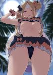  abigail_williams_(fate/grand_order) ass_visible_through_thighs bandaid_on_forehead bangs bikini black_bow blonde_hair bow breasts fate/grand_order fate_(series) forehead frilled_bikini frills from_below highres iwasaki_takashi licking_lips long_hair looking_at_viewer looking_down navel orange_bow parted_bangs purple_eyes swimsuit tongue tongue_out underboob 