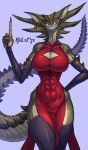  abs anthro big_breasts black_sclera breasts chinese_clothing claws cleavage clothed clothing colored_nails dress ear_piercing female gloves green_scales handwear hi_res hutago legwear makeup muscular muscular_female nails navel non-mammal_breasts piercing red_nails scales scalie sharp_teeth slit_pupils smile solo spikes teeth thigh_highs tight_clothing yellow_eyes 