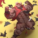  1:1 abs anthro biceps blush bovid bovine brown_fur cattle clothed clothing fur gyumao hair hi_res male mammal muscular muscular_male pecs penis reclamon red_eyes red_hair signature simple_background solo tokyo_afterschool_summoners torn_clothing triceps video_games yellow_background 
