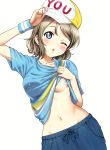  1girl absurdres adjusting_headwear arm_up bangs baseball_cap blue_eyes blue_pants blush bow bowtie bra breasts collarbone eyebrows_visible_through_hair grey_hair hair_between_eyes hand_on_own_chest hat highres lifted_by_self light_brown_hair lips love_live! love_live!_sunshine!! medium_breasts navel one_eye_closed open_mouth pants rozen5 scan shiny shiny_hair shiny_skin shirt shirt_lift short_hair short_sleeves simple_background solo stomach sweat sweatdrop t-shirt underboob underwear watanabe_you white_background white_bra wristband 