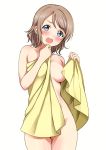  1girl absurdres blue_eyes blush breasts brown_hair collarbone convenient_censoring cowboy_shot embarrassed eyebrows_visible_through_hair highres holding holding_towel legs_together looking_at_viewer love_live! love_live!_sunshine!! medium_breasts naked_towel nude open_mouth rozen5 scan shiny shiny_skin short_hair simple_background solo standing teeth towel watanabe_you white_background yellow_towel 