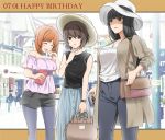  3girls bag bangs black_shirt black_shorts blue_skirt blunt_bangs blurry blurry_background blush bracelet brown_coat brown_eyes brown_hair brown_headwear carrying casual city closed_eyes coat collaboration commentary cup dated girls_und_panzer grey_legwear grey_pants handbag happy_birthday hat head_tilt highres holding holding_cup holding_handbag jewelry laughing legwear_under_shorts light_frown long_hair long_skirt long_sleeves looking_at_viewer mature mother_and_daughter mug multiple_girls nishizumi_maho nishizumi_miho nishizumi_shiho off-shoulder_shirt off_shoulder open_clothes open_coat open_mouth outdoors outside_border pants pantyhose parted_lips pink_shirt saitou_gabio shirt short_hair short_shorts shorts siblings sisters skirt sleeveless sleeveless_shirt standing straight_hair sun_hat watch white_headwear white_shirt wristwatch yakumoreo 