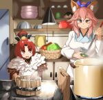  2girls animal_ear_fluff animal_ears apron bangs benienma_(fate/grand_order) blush breasts cabbage closed_mouth concentrating cooking counter cupboard cutting_board eyebrows_visible_through_hair eyes_visible_through_hair fate/extra fate_(series) feather_collar focused fox_ears fox_girl gold_trim highres holding holding_ladle indoors kitchen ladle large_breasts long_sleeves looking_at_another multiple_girls nasunasuurin ohitsu open_mouth pot red_eyes red_hair rice_spoon standing steam stove tamamo_(fate)_(all) tamamo_no_mae_(fate) thick_eyebrows tomato uneven_eyes white_apron wide_sleeves yellow_towel 