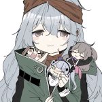  404_(girls_frontline) 4girls alternate_costume alternate_hairstyle artist_request brown_eyes brown_hair chibi closed_eyes commentary_request g11_(girls_frontline) girls_frontline green_eyes grey_hair happy hk416_(girls_frontline) long_hair lowres multiple_girls no_scar one_eye_closed silver_hair smile ump45_(girls_frontline) ump9_(girls_frontline) 