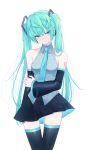  1girl :/ aqua_eyes aqua_hair aqua_neckwear arm_grab bare_shoulders black_skirt blush breasts detached_sleeves g5_(artist) hatsune_miku highres long_hair looking_to_the_side medium_breasts skirt solo tattoo thighhighs thighs twintails vocaloid white_background zettai_ryouiki 