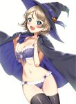  1girl :d absurdres black_legwear blue_eyes blush bra breasts brown_hair cape cleavage cowboy_shot eyebrows_visible_through_hair frilled_bra frilled_panties frills hat hat_ornament highres jack-o&#039;-lantern love_live! love_live!_sunshine!! medium_breasts open_mouth panties purple_bra purple_panties rozen5 scan short_hair simple_background smile solo thigh_gap thighhighs underwear underwear_only v-shaped_eyebrows watanabe_you white_background witch_hat 