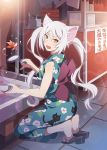  1girl :3 alternate_hairstyle animal_ears artist_request black_hanekawa breasts cat_ears cat_girl fangs fish goldfish goldfish_scooping hanekawa_tsubasa happy highres japanese_clothes kimono large_breasts long_hair looking_at_viewer monogatari_(series) obi official_art open_mouth poi_(goldfish_scoop) sandals sash slit_pupils smile solo source_request summer_festival twintails very_long_hair water white_hair yellow_eyes yukata 