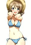  1girl :d absurdres ass_visible_through_thighs bikini blue_bikini blue_eyes blush breasts cleavage contrapposto cowboy_shot hat highres large_breasts light_brown_hair looking_at_viewer love_live! love_live!_sunshine!! navel open_mouth rozen5 scan shiny shiny_skin side-tie_bikini simple_background smile solo standing striped striped_bikini sun_hat swimsuit vertical-striped_bikini vertical_stripes watanabe_you white_background 