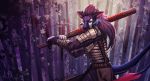  2019 5_fingers andyd anthro armor blood bodily_fluids clothed clothing detailed_background digital_media_(artwork) fingers hair holding_object holding_weapon hybrid kanabō purple_hair red_eyes solo standing weapon 