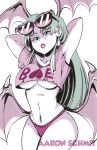  1girl aaron_schmit armpits arms_behind_head arms_up bat_wings breasts casual clothes_writing commentary crop_top demon_girl earrings english_commentary eyewear_on_head facing_viewer green_hair head_wings heart jewelry long_hair low_wings medium_breasts morrigan_aensland navel no_bra panties slender_waist solo succubus sunglasses underboob underwear vampire_(game) wings 