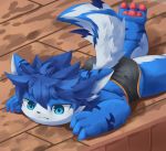  2017 3_fingers 3_toes anthro blue_eyes blue_hair canid canine clothed clothing cub digital_media_(artwork) fingers hair hi_res lying male mammal on_front pawpads pouting rann solo toes topless underwear young 