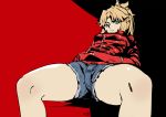  1girl blonde_hair braid cutoffs denim denim_shorts fate/grand_order fate_(series) french_braid frown graphite_(medium) green_eyes hands_in_pockets highres jacket looking_at_viewer mordred_(fate) mordred_(fate)_(all) nanaya_(daaijianglin) red_background scowl shorts solo spread_legs thighs traditional_media 