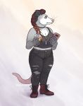  2019 abigfathen anthro beverage boots bottomwear breasts cleavage clothed clothing collar didelphid ear_piercing female footwear frown hi_res holding_object holding_phone mammal marsupial opal_(abigfathen) pants pendant phone piercing shirt simple_background slightly_chubby solo standing topwear torn_clothing virginia_opossum 