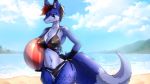  16:9 2019 anthro beach bikini black_nose blue_fur blue_hair bra breasts canid canine cheek_tuft clothed clothing detailed_background digital_media_(artwork) dipstick_tail eyelashes eyeliner female fingers fox fur gloves_(marking) hair hair_highlights hand_on_hip hellstorm inner_ear_fluff leather looking_at_viewer makeup mammal markings momokitsune multicolored_fur multicolored_tail nipple_outline red_eyes red_highlights seaside solo standing swimwear terceris tuft two_tone_fur underwear video_games wallpaper white_fur wide_hips 