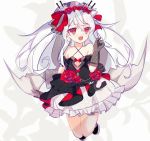  1girl azur_lane bare_shoulders black_dress breasts cake_(isiofb) dress fang gloves hair_between_eyes hair_ribbon highres low_wings red_eyes ribbon silver_hair small_breasts solo twintails vampire_(azur_lane) veil wedding_dress wings 