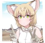  1girl absurdres animal_ear_fluff animal_ears artist_name bangs bare_shoulders blonde_hair bow bowtie cat_ears commentary day disco_brando double_v elbow_gloves expressionless extra_ears eyebrows_visible_through_hair gloves green_eyes hair_between_eyes highres kemono_friends looking_at_viewer mountainous_horizon outdoors print_gloves print_neckwear sand_cat_(kemono_friends) sand_cat_print shirt short_hair sleeveless sleeveless_shirt solo twitter_username upper_body v white_shirt 