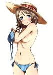  1girl absurdres bikini bikini_top_removed blue_bikini blue_eyes blush breasts cameltoe covering covering_breasts cowboy_shot hat highres large_breasts light_brown_hair looking_at_viewer love_live! love_live!_sunshine!! navel ribs rozen5 scan short_hair side-tie_bikini simple_background smile solo stomach striped sun_hat swimsuit topless underboob vertical-striped_bikini vertical_stripes watanabe_you white_background 