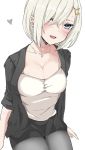  1girl alternate_costume bangs black_legwear black_skirt blue_eyes blush breasts chigasaki_y cleavage collarbone eyebrows_visible_through_hair hair_ornament hair_over_one_eye hairclip hamakaze_(kantai_collection) heart jacket jewelry kantai_collection large_breasts necklace office_lady open_clothes open_jacket open_mouth pantyhose short_hair silver_hair skirt solo sweat tank_top white_background white_tank_top 
