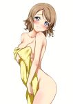  1girl absurdres bangs bare_shoulders blue_eyes blush breasts cleavage collarbone covering cowboy_shot head_tilt highres light_brown_hair looking_at_viewer love_live! love_live!_sunshine!! medium_breasts nude_cover parted_lips rozen5 scan simple_background smile solo thighs towel watanabe_you white_background yellow_towel 