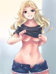  1girl absurdres black_shirt blonde_hair blue_eyes blue_shorts breasts commentary_request cowboy_shot cutoffs girls_und_panzer grin groin hair_intakes highres kakimoto_nao kay_(girls_und_panzer) lifted_by_self long_hair looking_at_viewer medium_breasts navel no_bra open_clothes open_fly open_shorts shirt shirt_lift short_shorts shorts smile solo standing t-shirt underboob undressing 