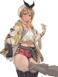  1boy 1girl atelier_(series) atelier_ryza belt belt_buckle between_legs bloom blush bow_(bhp) breasts brown_eyes brown_hair buckle cleavage commentary_request crop_top crop_top_overhang embarrassed furrowed_eyebrows gloves gold_trim hand_between_legs hand_up head_out_of_frame hetero jewelry large_belt legs_together micro_shorts motion_blur navel necklace red_shorts reisalin_stout short_hair shorts side_cutout single_glove sketch solo_focus star star_necklace surprised_arms thick_thighs thighhighs thighs wavy_mouth 