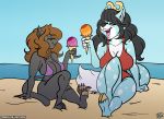  11:8 2019 absurd_res antlers beach big_breasts black_hair breasts brown_hair cervid cleavage clothed clothing dessert domestic_cat fangs felid feline felis female female/female fluffy fluffy_tail food hair hi_res hooves horn hybrid ice_cream long_hair long_tail mammal one-piece_swimsuit pawpads rylie_(hypernovagm) sand seaside sketchybug sky spots swimwear water 