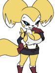  3:4 anthro big_breasts breasts clothed clothing digimon digimon_(species) female furball gloves handwear hybrid impmon looking_at_viewer nipple_outline renamon short_stack smile solo standing 