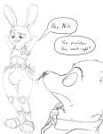  2019 anthro barefoot black_and_white canid canine clothed clothing crossgender dialogue digital_drawing_(artwork) digital_media_(artwork) dipstick_ears disney ducati duo english_text fox ftm_crossgender hi_res judy_hopps lagomorph leporid line_art male mammal monochrome multicolored_ears necktie nick_wilde police_uniform presenting rabbit simple_background surprise text thick_thighs uniform zootopia 