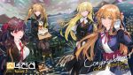  4girls :o artist_name bangs black_capelet black_legwear black_ribbon black_skirt blazer blonde_hair blue_eyes blush braid breasts brown_eyes brown_hair brown_shirt cake capelet confetti crate cz52_(girls_frontline) dress eyebrows_visible_through_hair fingerless_gloves fireworks floating_hair food french_braid girls_frontline gloves green_eyes hair_between_eyes hair_ornament hair_ribbon hair_rings hair_tucking hairclip half_updo headset holding holding_tray jacket large_breasts logo long_hair long_sleeves looking_at_viewer m1903_springfield_(girls_frontline) monocle multiple_girls necktie official_art one_side_up open_mouth pantyhose parted_lips purple_hair red_eyes red_neckwear ribbon scar scar_across_eye shirt sidelocks skirt smile tray tsurime twintails ump9_(girls_frontline) very_long_hair wa2000_(girls_frontline) white_dress wind 