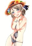  1girl :d absurdres bikini bikini_top_removed blue_eyes blush bracelet breasts covering covering_breasts cowboy_shot eyebrows_visible_through_hair flower hat hat_flower hat_ribbon highres jewelry light_brown_hair looking_at_viewer love_live! love_live!_sunshine!! medium_breasts o-ring o-ring_bikini open_mouth ribbon rozen5 scan simple_background smile solo straw_hat striped striped_bikini swimsuit topless watanabe_you white_background 
